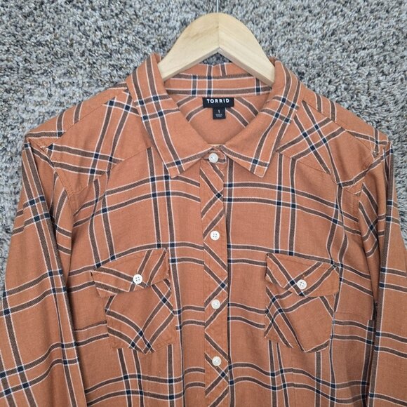 Torrid Top Womens 1 US Plus 1X Dusty Orange Plaid Twill Button Up Casual Ladies - Picture 4 of 7